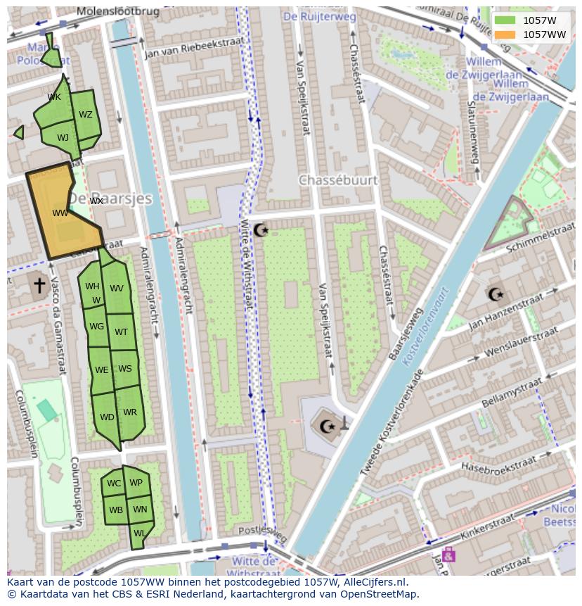 Afbeelding van het postcodegebied 1057 WW op de kaart.