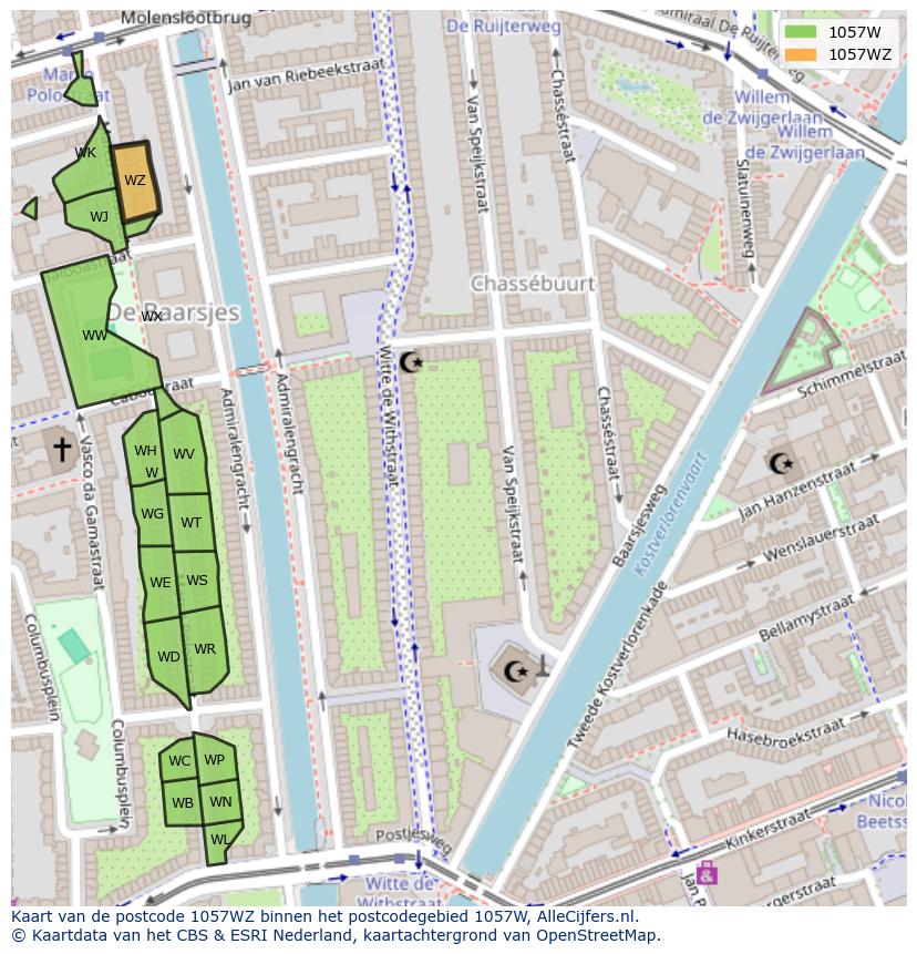 Afbeelding van het postcodegebied 1057 WZ op de kaart.