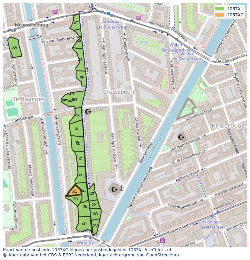 Afbeelding van het postcodegebied 1057 XC op de kaart.