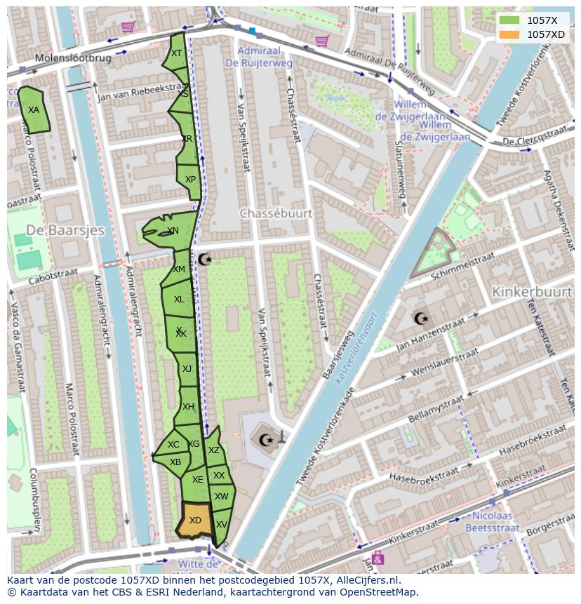Afbeelding van het postcodegebied 1057 XD op de kaart.