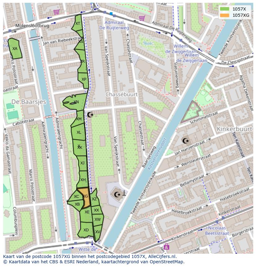 Afbeelding van het postcodegebied 1057 XG op de kaart.