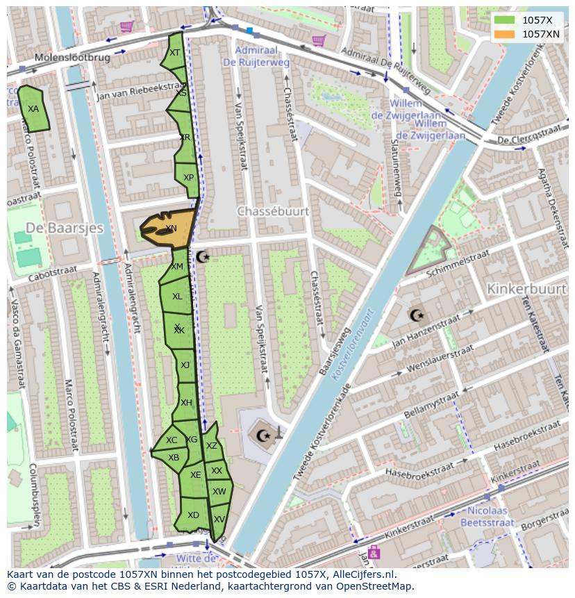 Afbeelding van het postcodegebied 1057 XN op de kaart.