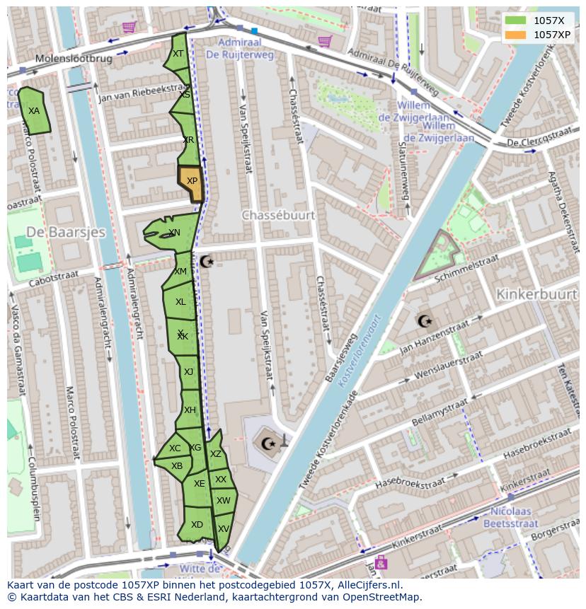 Afbeelding van het postcodegebied 1057 XP op de kaart.