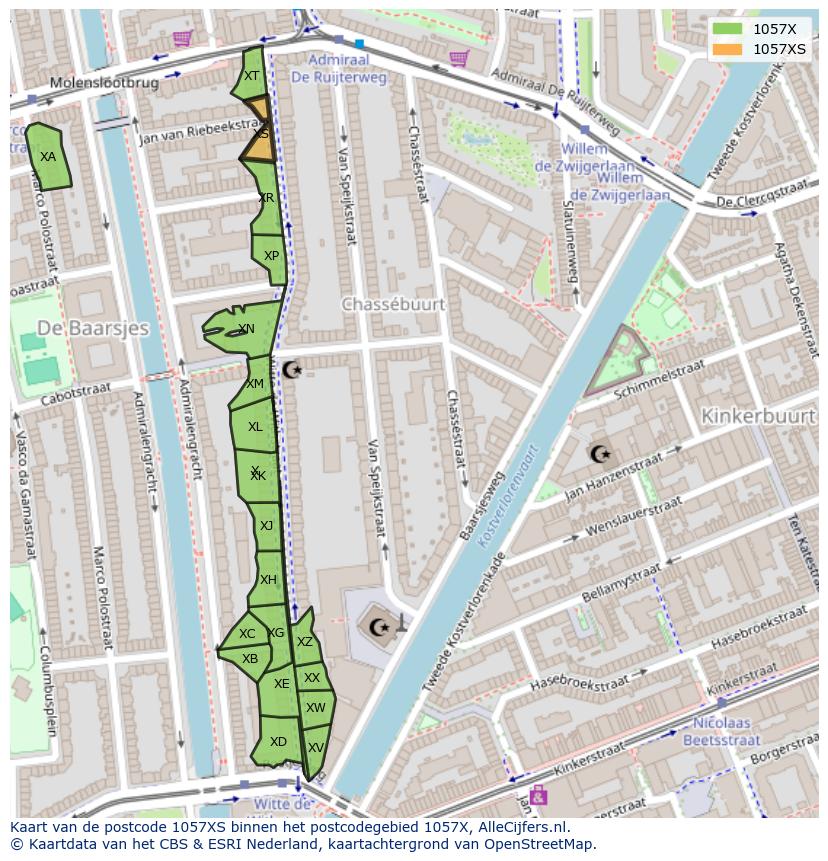 Afbeelding van het postcodegebied 1057 XS op de kaart.