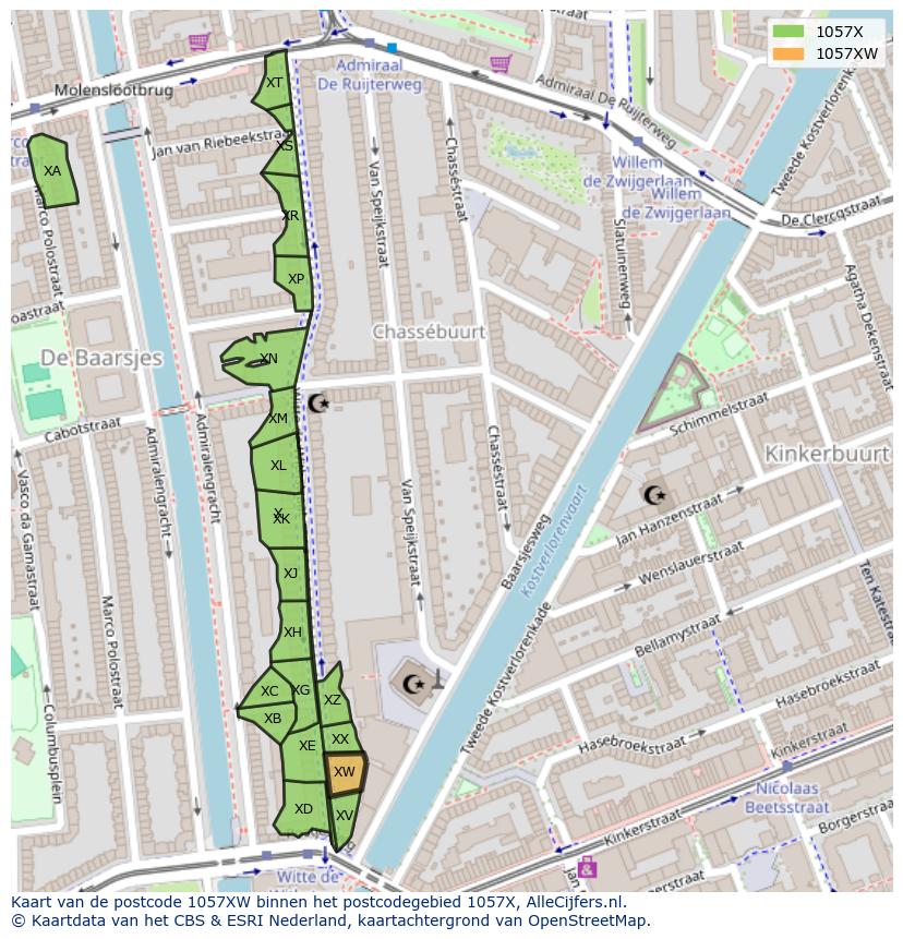 Afbeelding van het postcodegebied 1057 XW op de kaart.