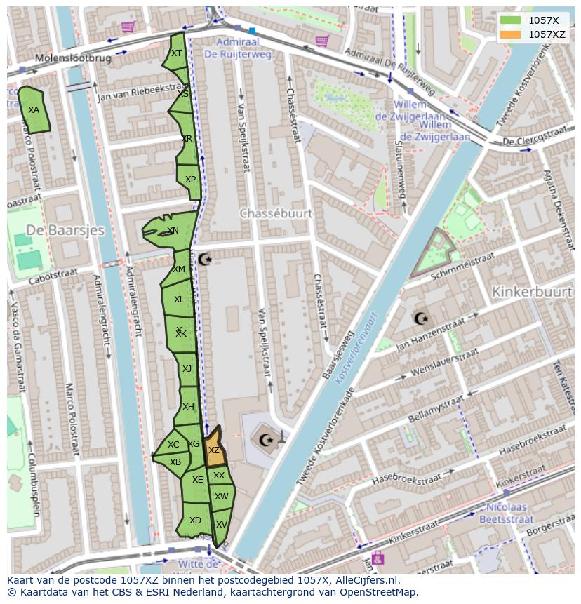 Afbeelding van het postcodegebied 1057 XZ op de kaart.
