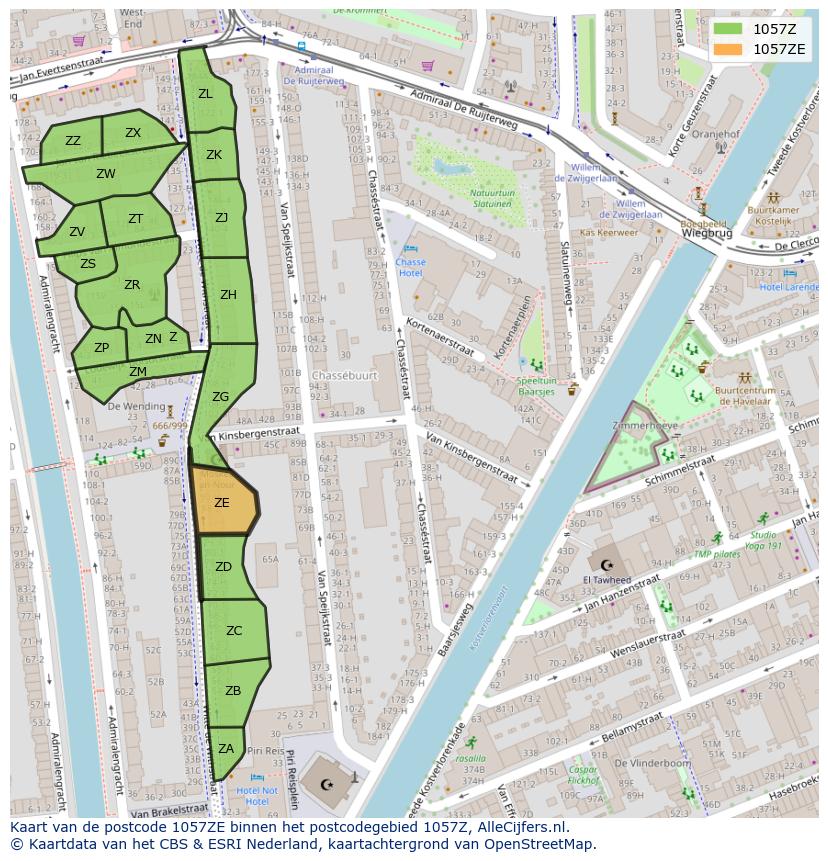 Afbeelding van het postcodegebied 1057 ZE op de kaart.