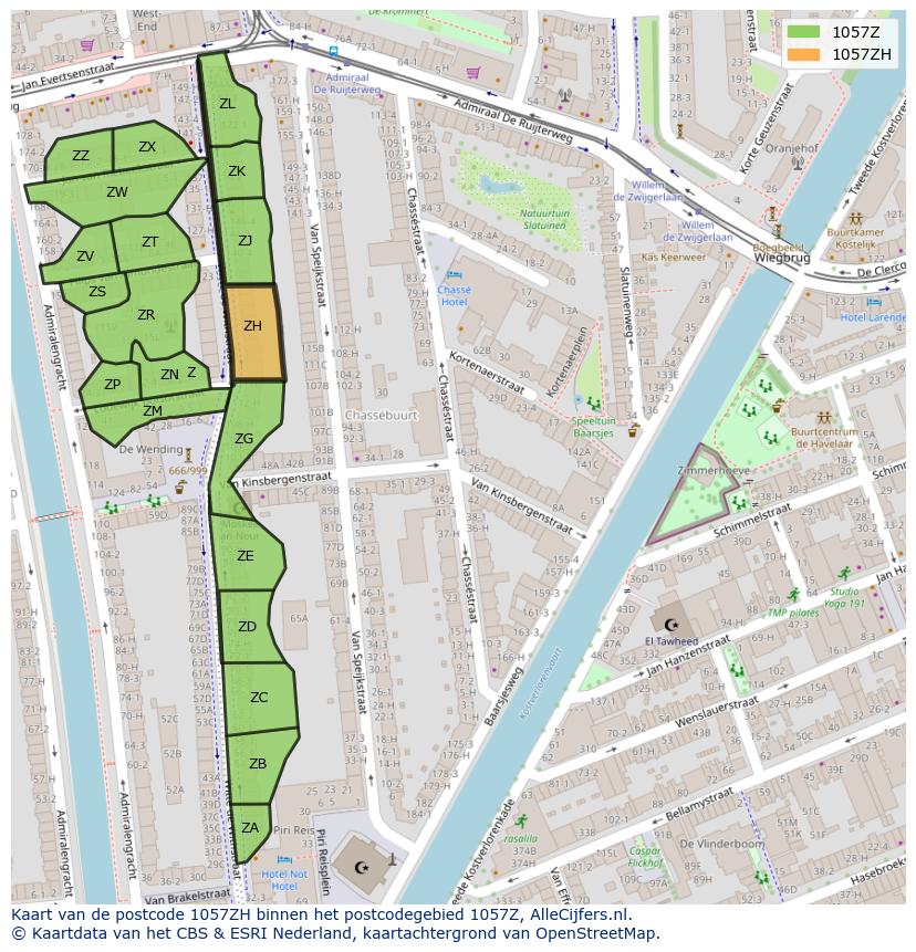 Afbeelding van het postcodegebied 1057 ZH op de kaart.