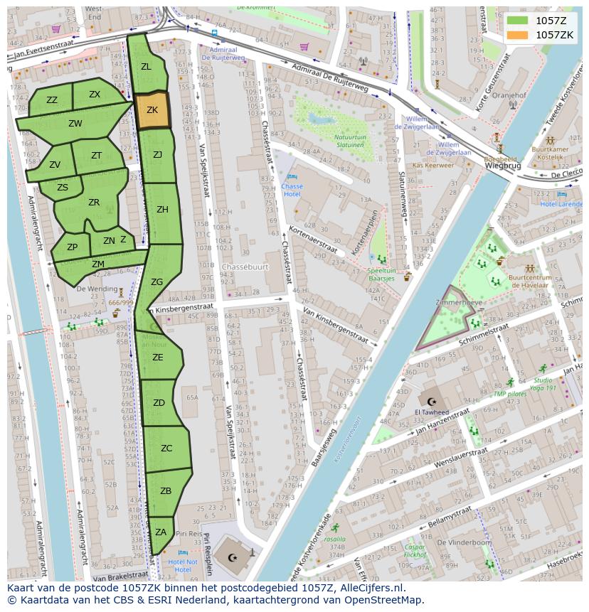 Afbeelding van het postcodegebied 1057 ZK op de kaart.