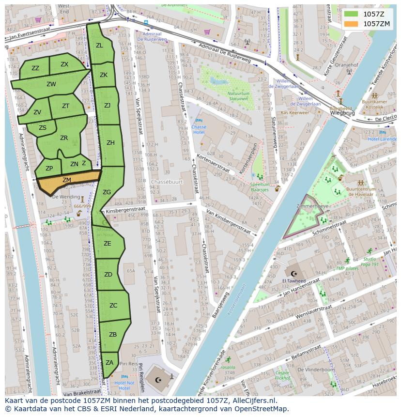 Afbeelding van het postcodegebied 1057 ZM op de kaart.