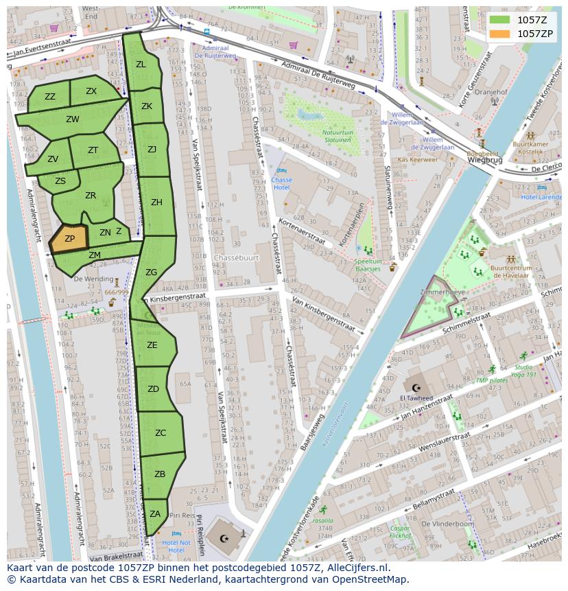 Afbeelding van het postcodegebied 1057 ZP op de kaart.