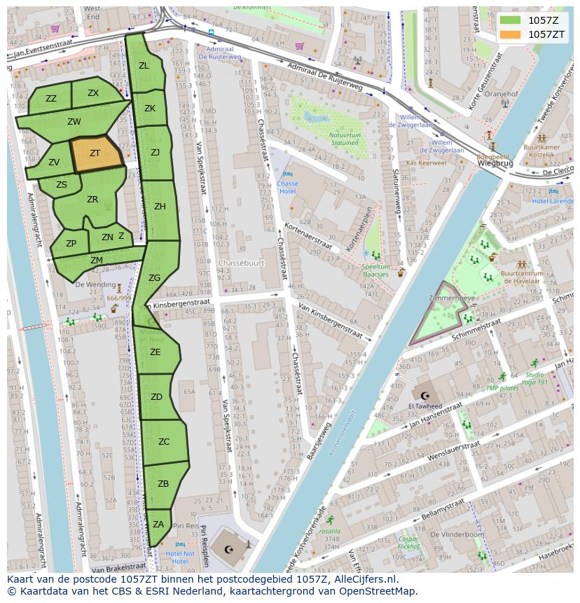 Afbeelding van het postcodegebied 1057 ZT op de kaart.