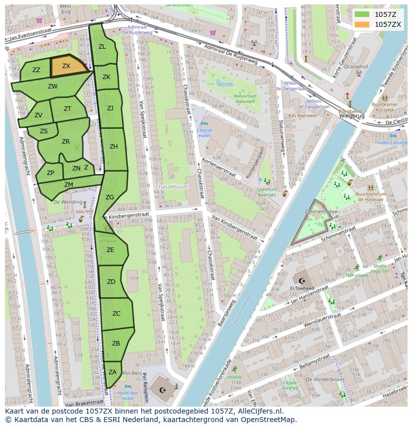 Afbeelding van het postcodegebied 1057 ZX op de kaart.
