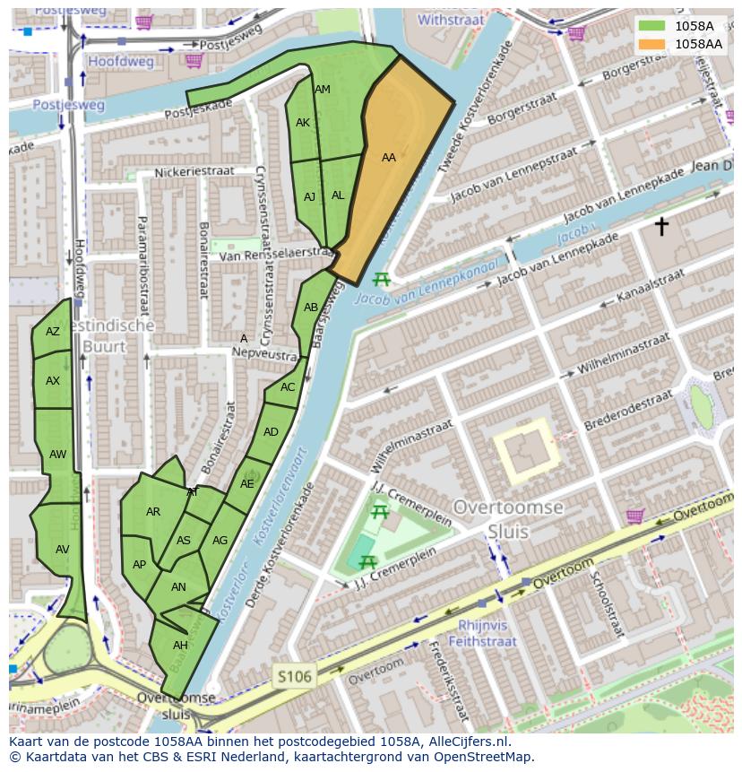 Afbeelding van het postcodegebied 1058 AA op de kaart.