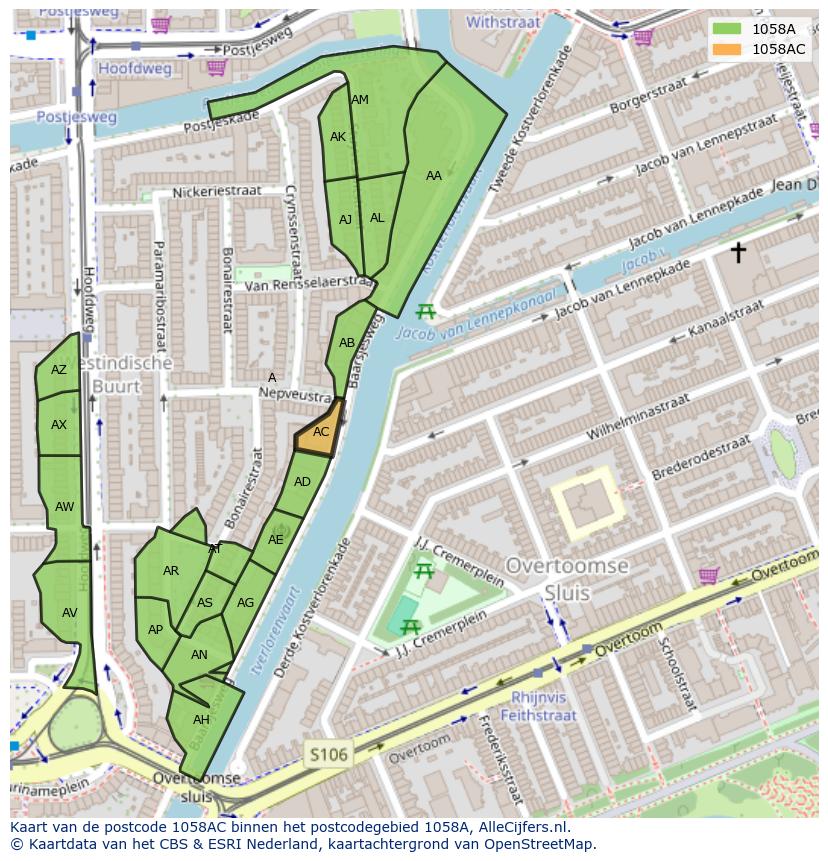 Afbeelding van het postcodegebied 1058 AC op de kaart.