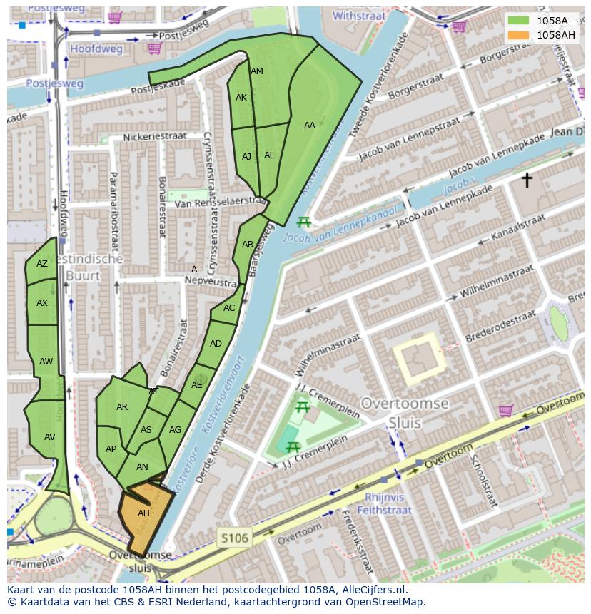 Afbeelding van het postcodegebied 1058 AH op de kaart.