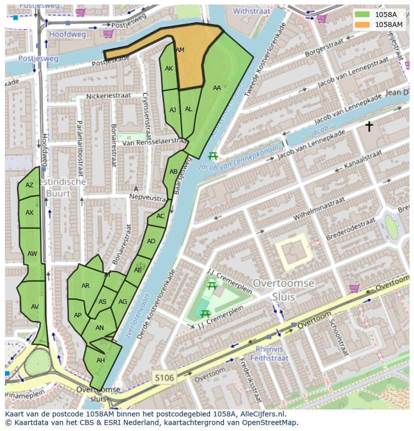 Afbeelding van het postcodegebied 1058 AM op de kaart.