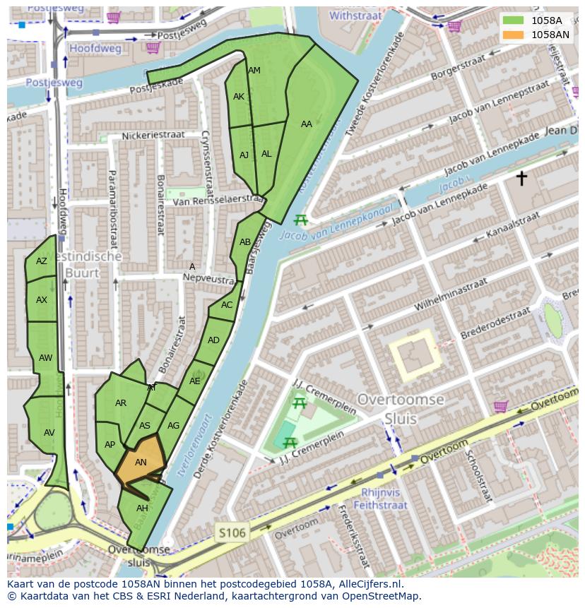 Afbeelding van het postcodegebied 1058 AN op de kaart.