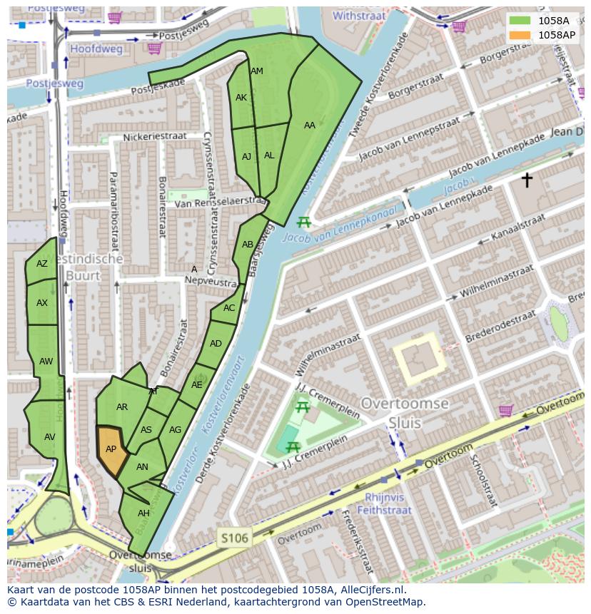 Afbeelding van het postcodegebied 1058 AP op de kaart.