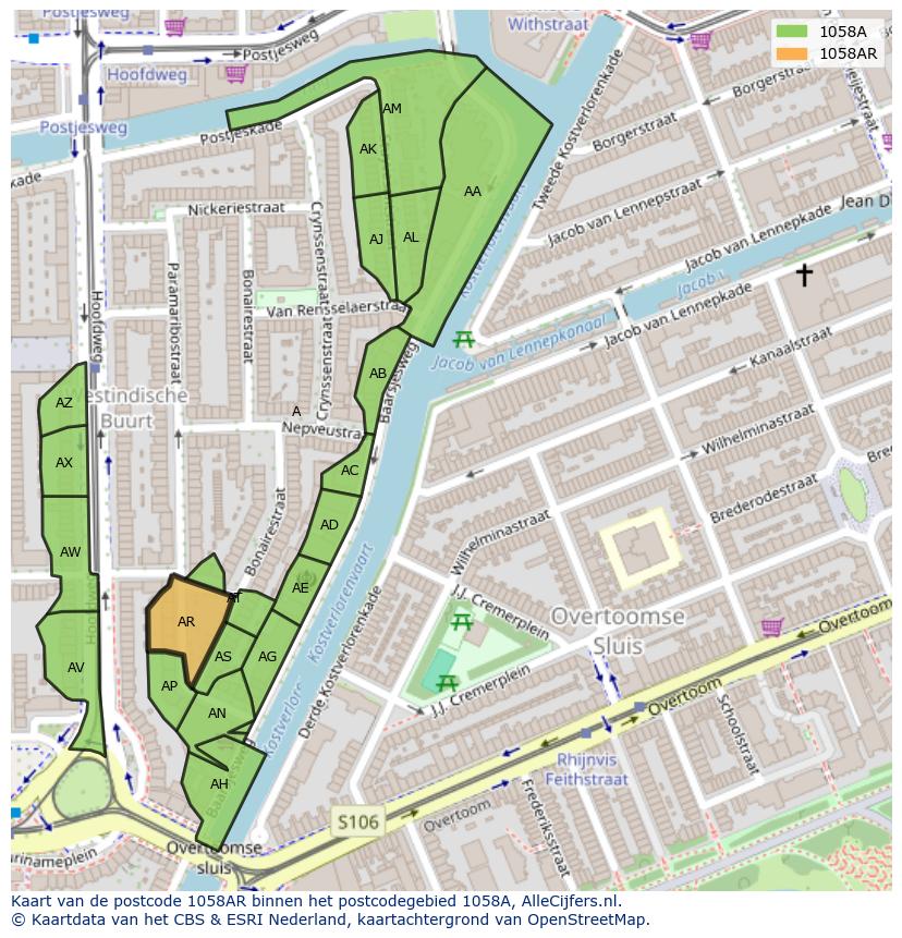 Afbeelding van het postcodegebied 1058 AR op de kaart.