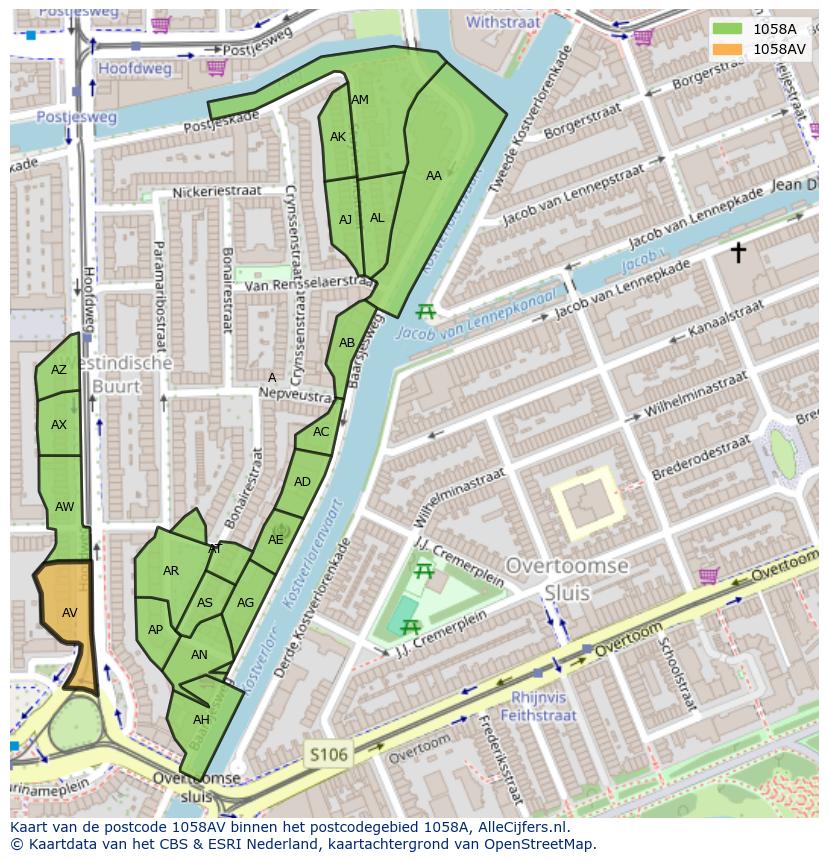Afbeelding van het postcodegebied 1058 AV op de kaart.