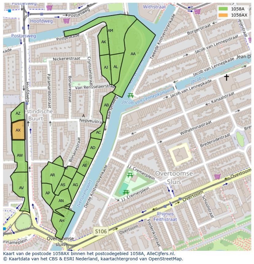 Afbeelding van het postcodegebied 1058 AX op de kaart.