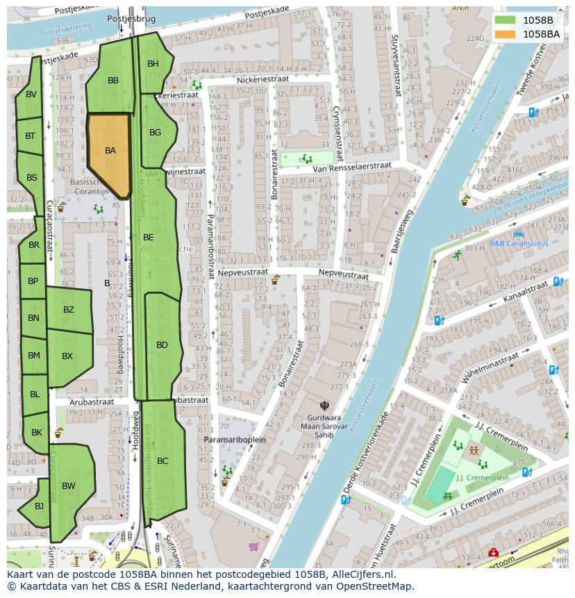 Afbeelding van het postcodegebied 1058 BA op de kaart.