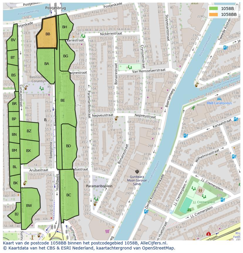 Afbeelding van het postcodegebied 1058 BB op de kaart.