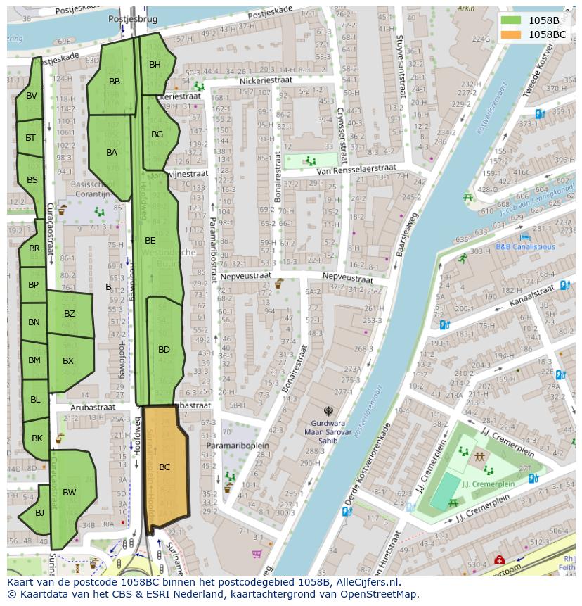 Afbeelding van het postcodegebied 1058 BC op de kaart.
