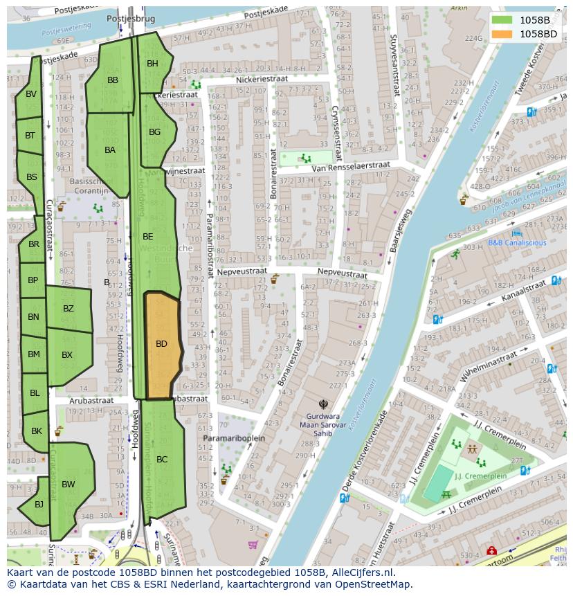 Afbeelding van het postcodegebied 1058 BD op de kaart.