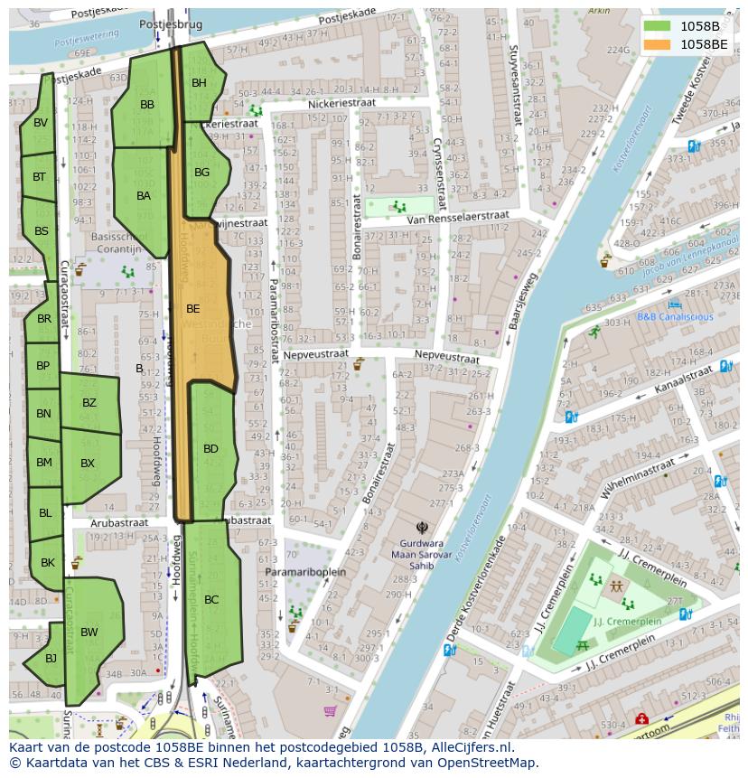 Afbeelding van het postcodegebied 1058 BE op de kaart.