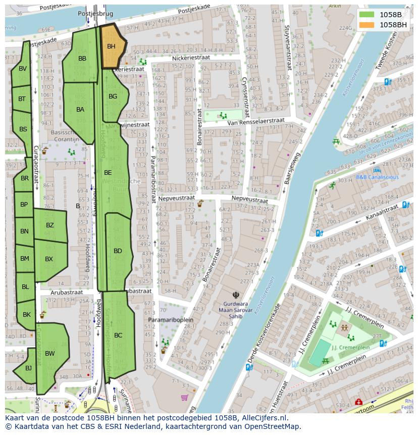 Afbeelding van het postcodegebied 1058 BH op de kaart.