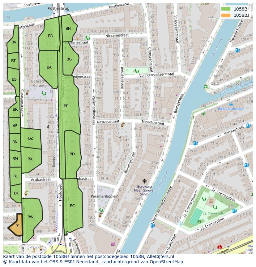 Afbeelding van het postcodegebied 1058 BJ op de kaart.