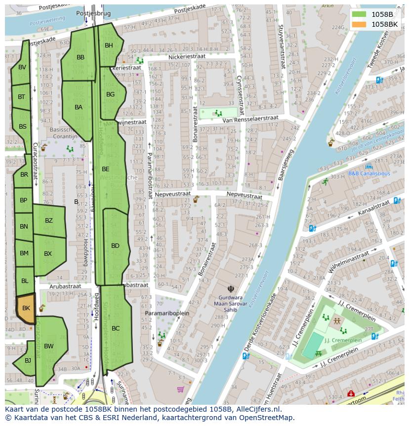 Afbeelding van het postcodegebied 1058 BK op de kaart.