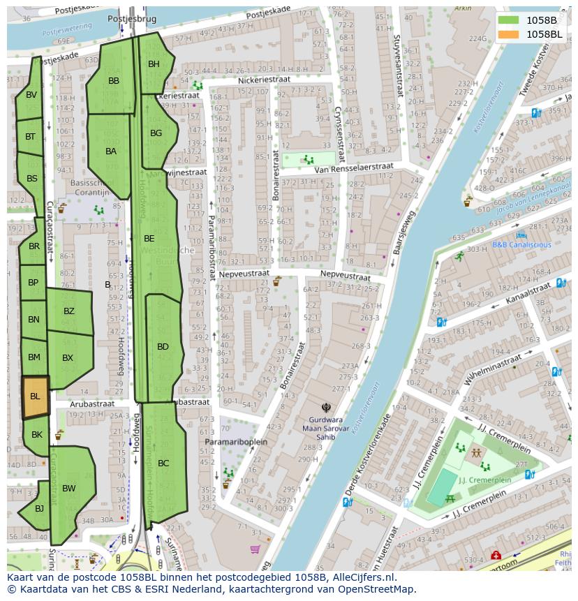 Afbeelding van het postcodegebied 1058 BL op de kaart.