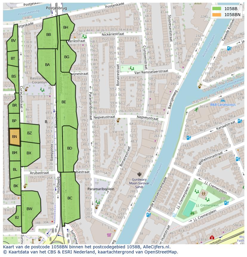 Afbeelding van het postcodegebied 1058 BN op de kaart.