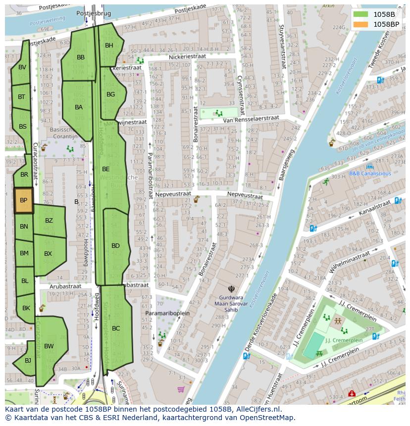 Afbeelding van het postcodegebied 1058 BP op de kaart.