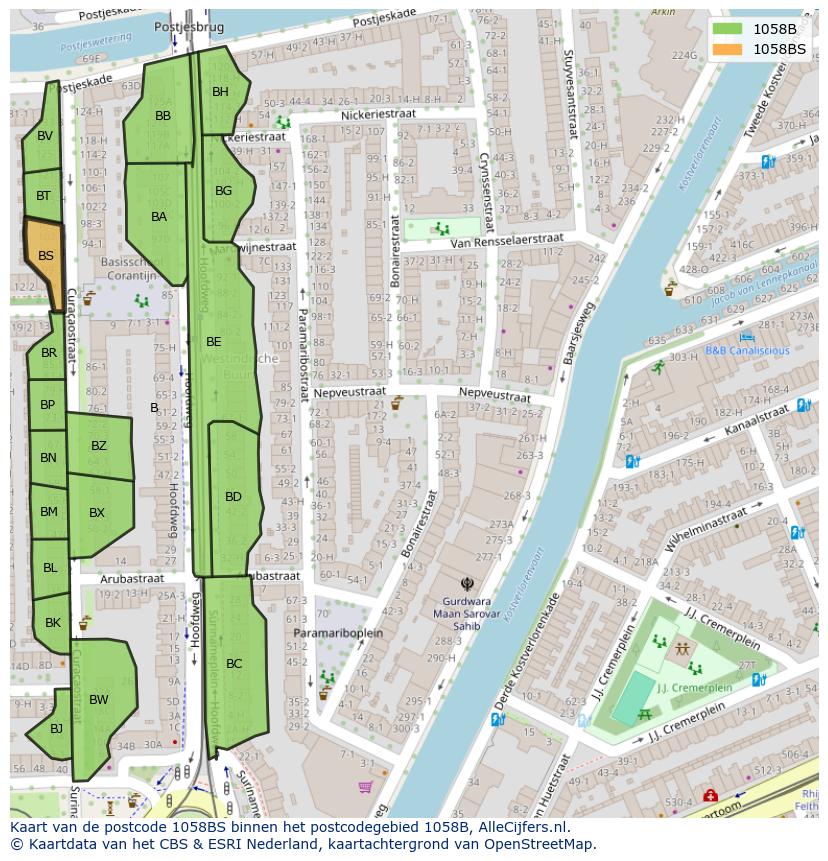 Afbeelding van het postcodegebied 1058 BS op de kaart.