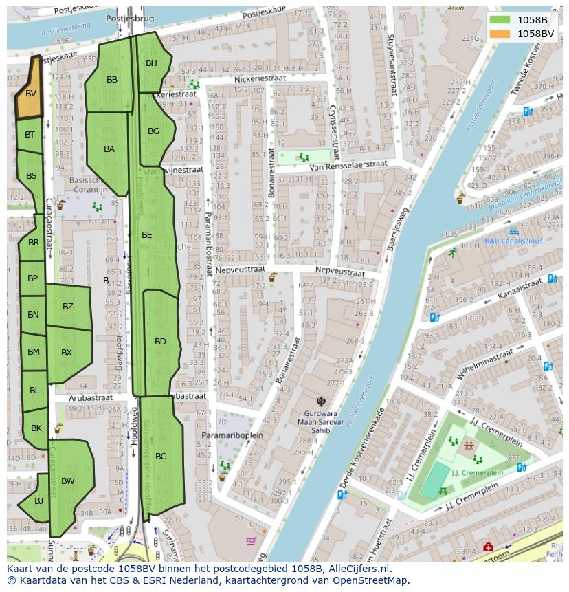 Afbeelding van het postcodegebied 1058 BV op de kaart.