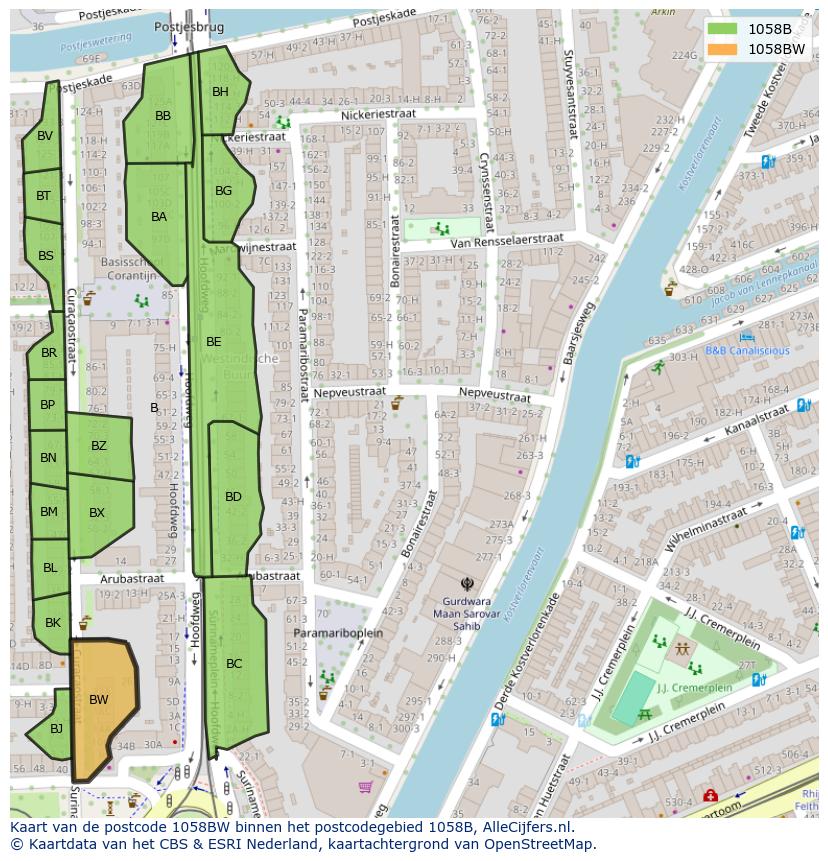 Afbeelding van het postcodegebied 1058 BW op de kaart.