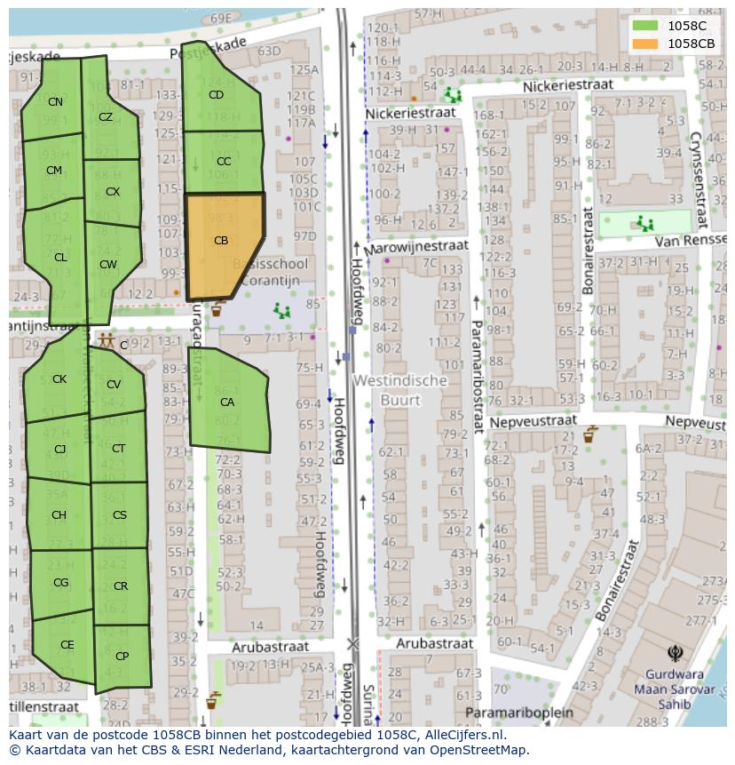 Afbeelding van het postcodegebied 1058 CB op de kaart.