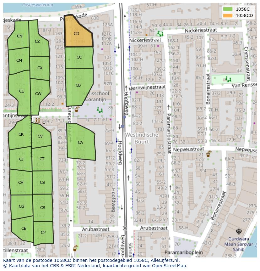 Afbeelding van het postcodegebied 1058 CD op de kaart.