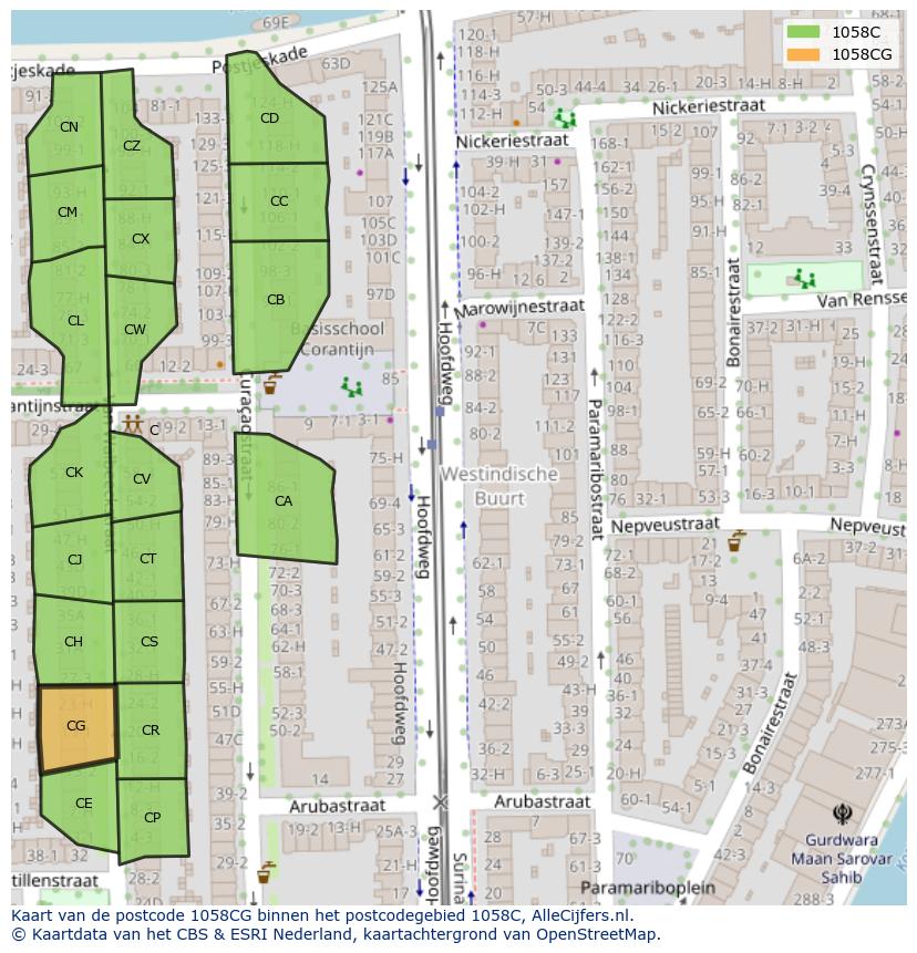 Afbeelding van het postcodegebied 1058 CG op de kaart.