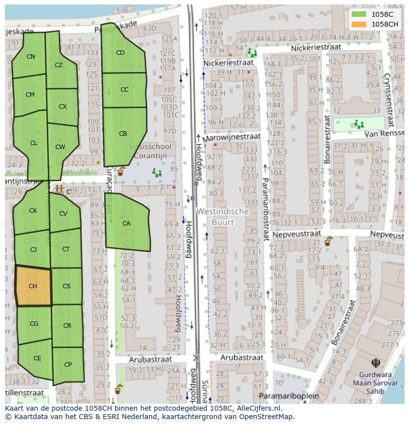 Afbeelding van het postcodegebied 1058 CH op de kaart.