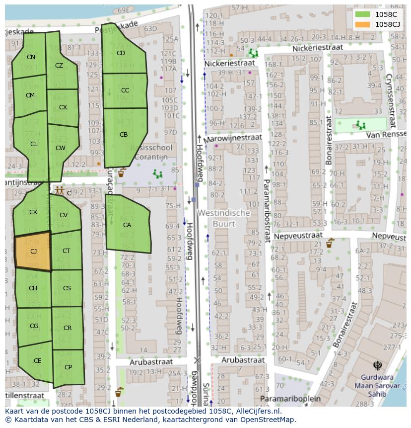 Afbeelding van het postcodegebied 1058 CJ op de kaart.