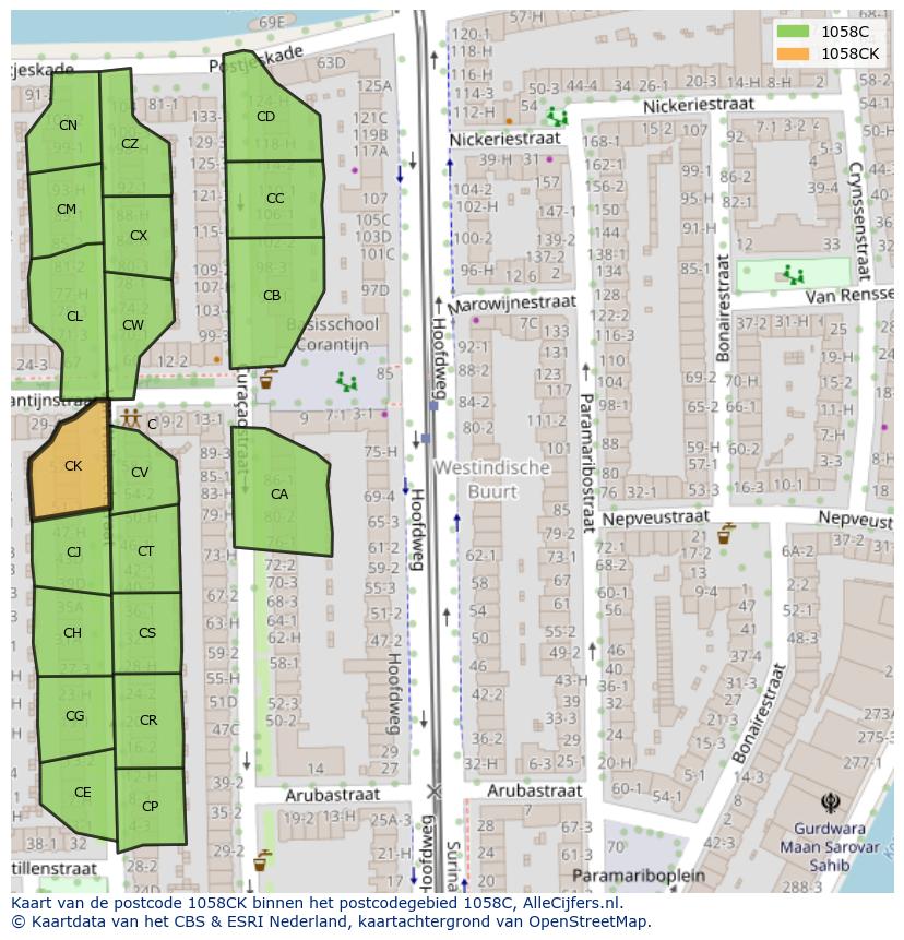 Afbeelding van het postcodegebied 1058 CK op de kaart.