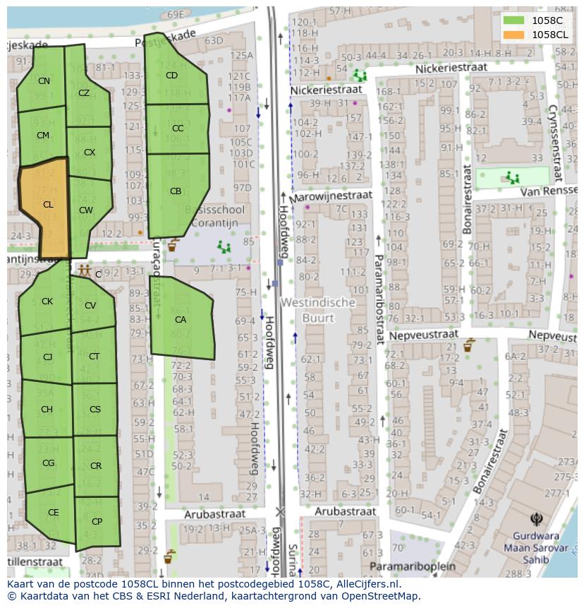 Afbeelding van het postcodegebied 1058 CL op de kaart.