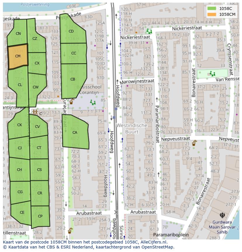 Afbeelding van het postcodegebied 1058 CM op de kaart.