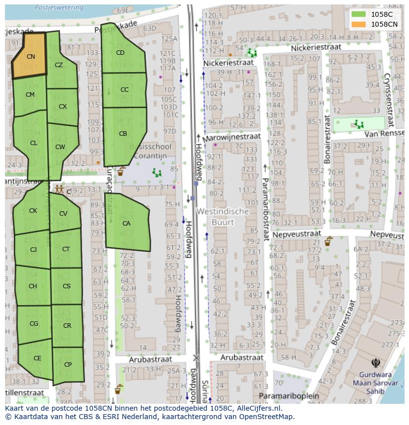 Afbeelding van het postcodegebied 1058 CN op de kaart.