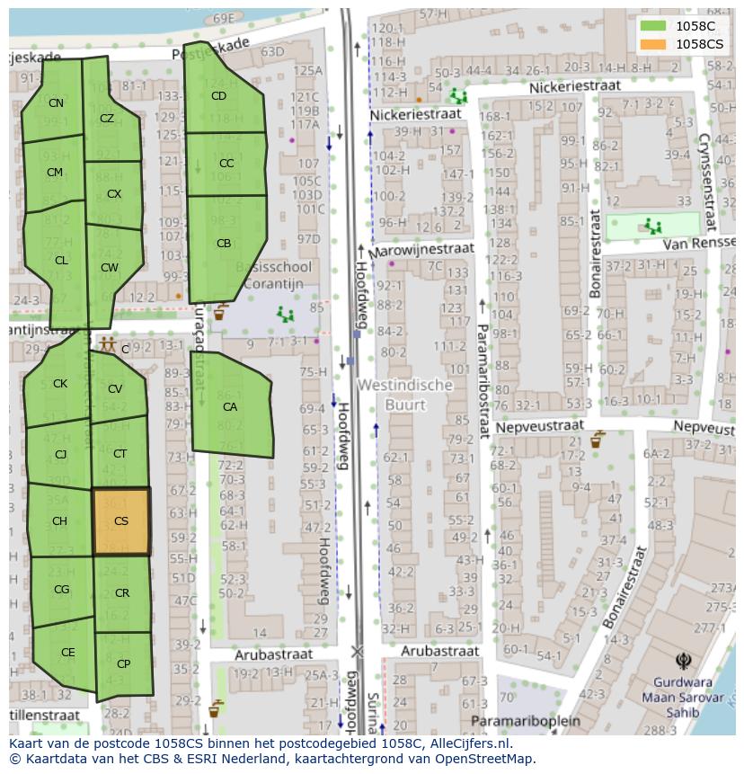 Afbeelding van het postcodegebied 1058 CS op de kaart.